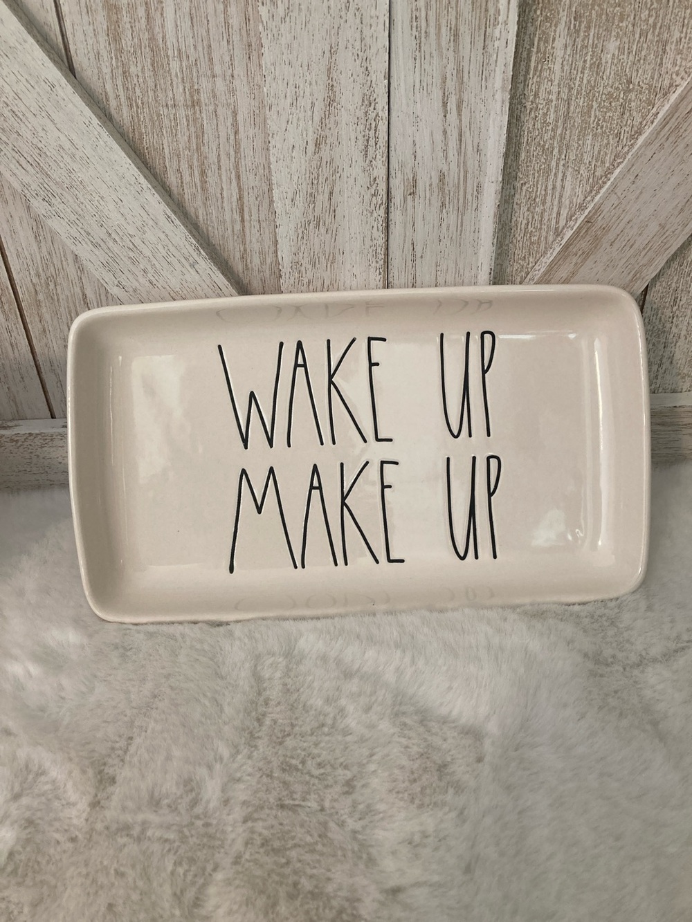 Rae Dunn "Wake Up Make Up" Ceramic Tray - Black Lettering